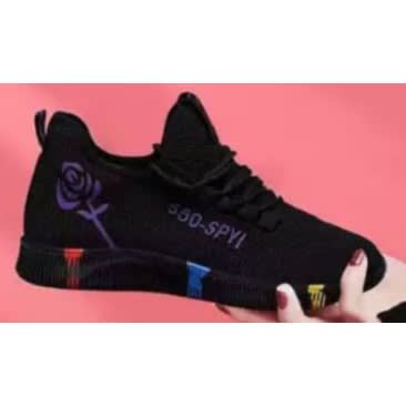 Ladies Lightweight Flower  Sneakers-  Black