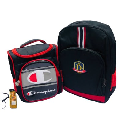 DnH School Bag & Lunch Bag For Kids - Red & Black