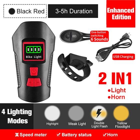 Bicycle Light With Bike Computer Cycle Speedometer Horn Usb Rechargeable Bike Headlight Waterproof Flashlight Torch For Bycicle--Enhanced Black Red
