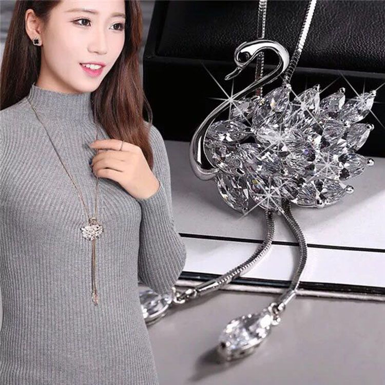 Modern And Trendy Women Artificial Crystal Swan Long Necklace Sweater Chain