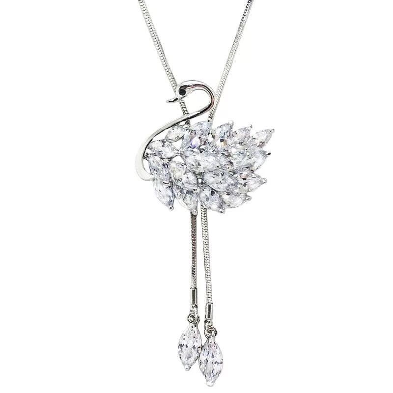 Modern And Trendy Women Artificial Crystal Swan Long Necklace Sweater Chain