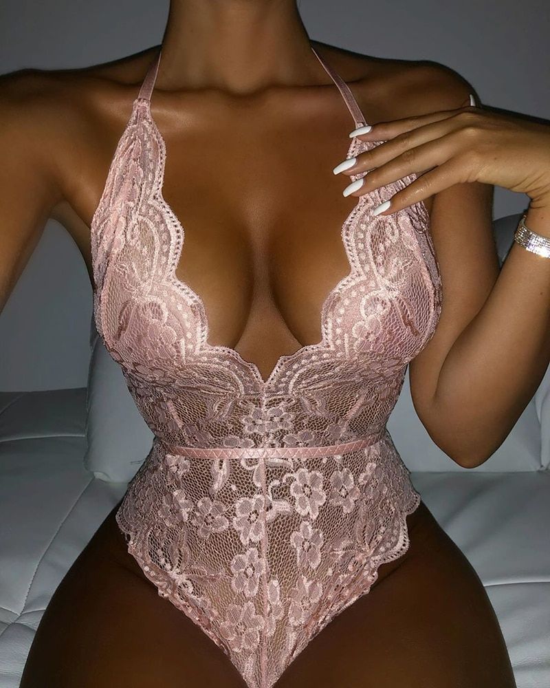 Babydoll One-piece Lace Perspective Deep V Hot Erotic Lingerie Underwear Dress Sexy Lingerie For Women Pink