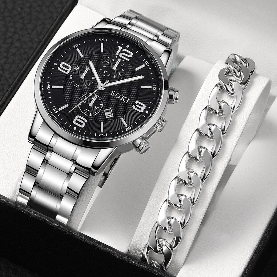 1pc Men Business Fashion Casual Round Pointer Calendar Quartz Watches 1pc Bracelet