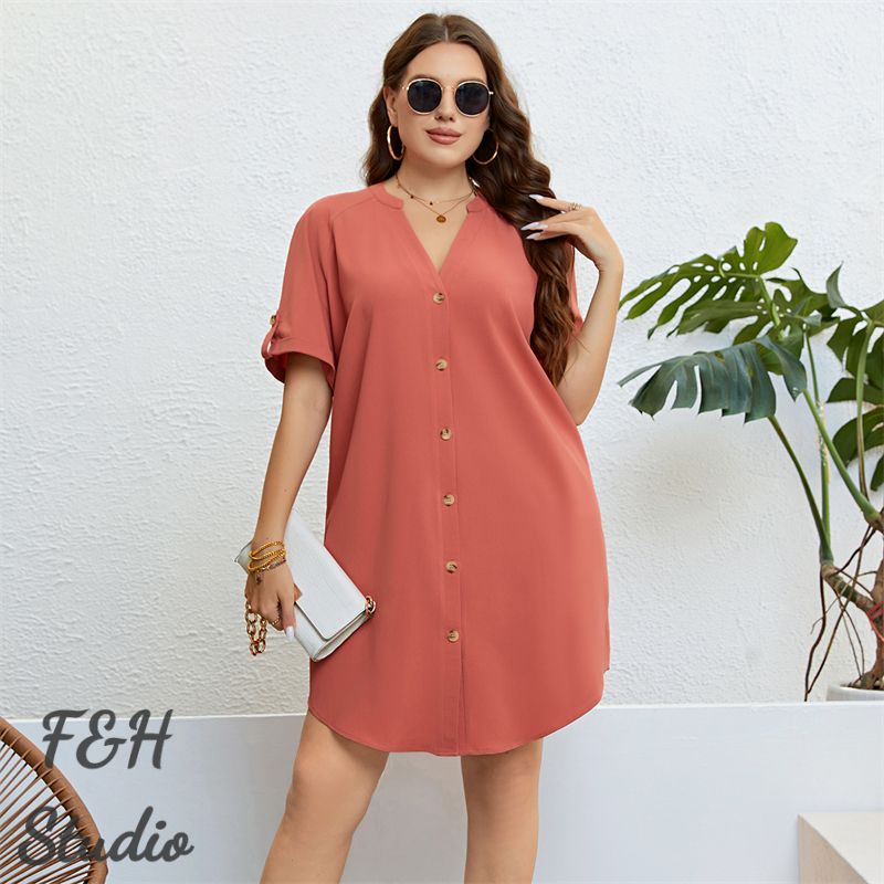 F&H 3309 XL-4XL WomenV Neck Front Button Plus Size Loose Fit Dress Orange