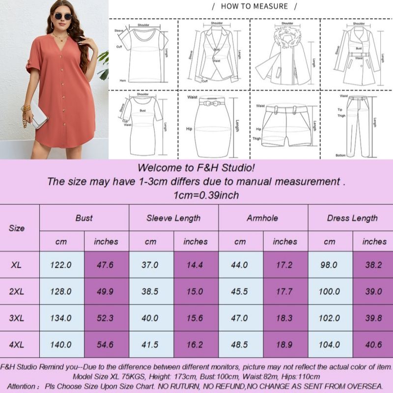 F&H 3309 XL-4XL WomenV Neck Front Button Plus Size Loose Fit Dress Orange