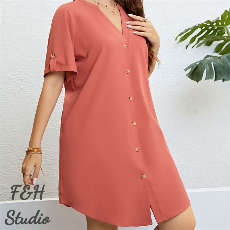 F&H 3309 XL-4XL WomenV Neck Front Button Plus Size Loose Fit Dress Orange