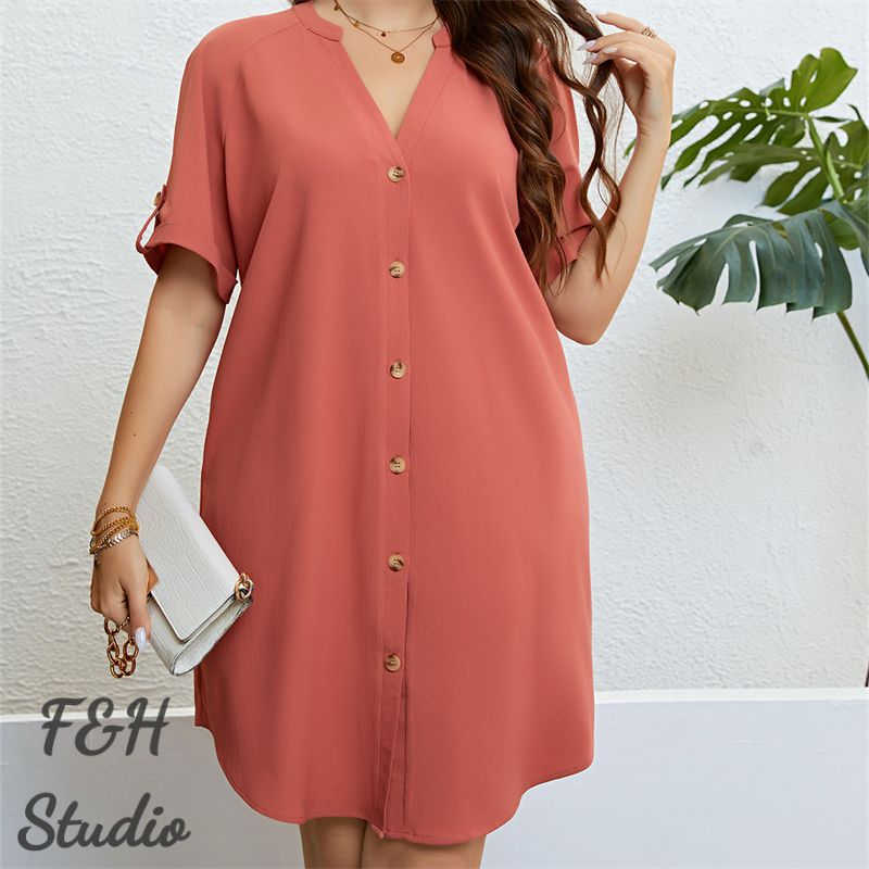 F&H 3309 XL-4XL WomenV Neck Front Button Plus Size Loose Fit Dress Orange
