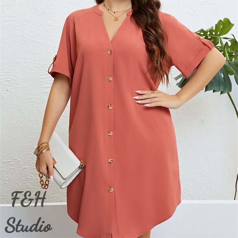 F&H 3309 XL-4XL WomenV Neck Front Button Plus Size Loose Fit Dress Orange
