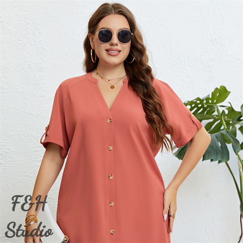 F&H 3309 XL-4XL WomenV Neck Front Button Plus Size Loose Fit Dress Orange