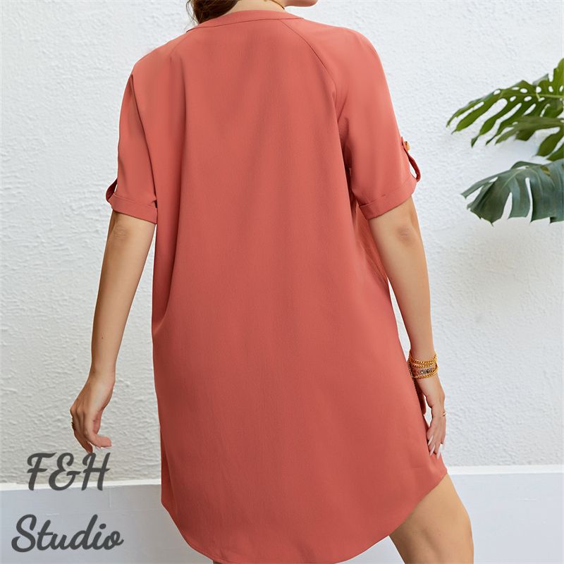 F&H 3309 XL-4XL WomenV Neck Front Button Plus Size Loose Fit Dress Orange