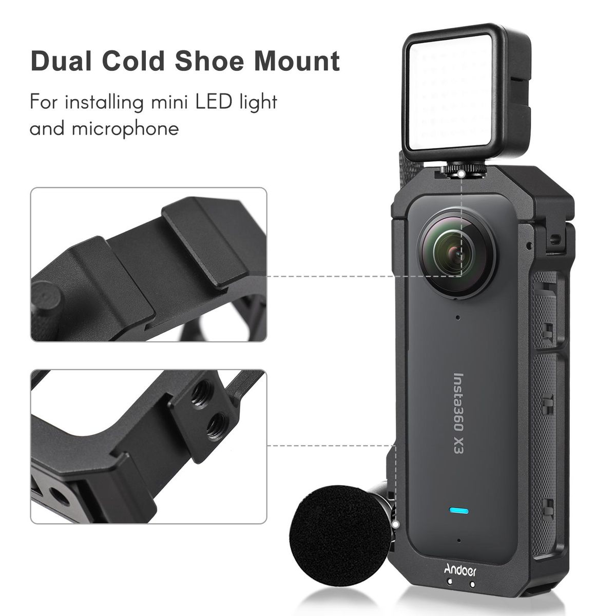 Andoer Panoramic Camera Video Cage Aluminum Alloy with Dual Cold Shoe Mounts Metal Protective Frame Camera Cage Vlog Accessories Compatible with Insta360 X3