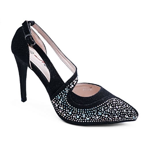 Women's Diamante Anlke Strap Court Shoes - Black