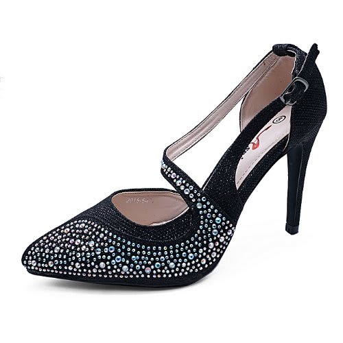 Women's Diamante Anlke Strap Court Shoes - Black