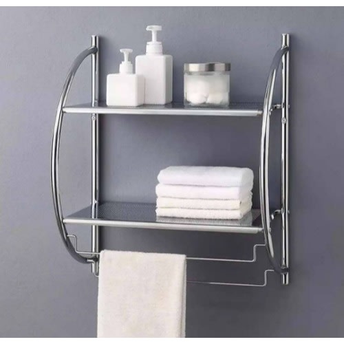 Wall Mount Chrome Bathroom Shelf With Towel Bars Metallic - 2 Tier