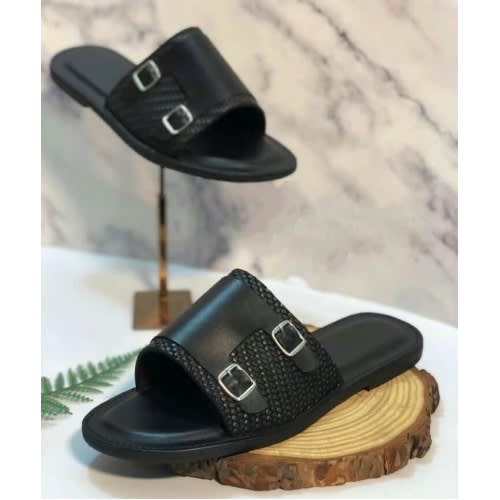 Realwon Buckled Leather Slippers- Black