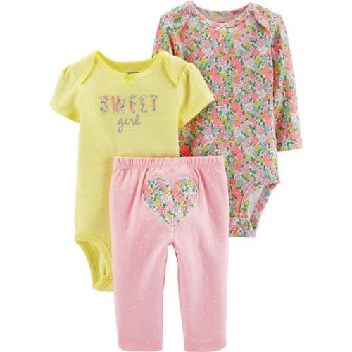 Baby Girls Sweet Heart Bodysuits And Matching Pant 3 Set-pink And Yellow
