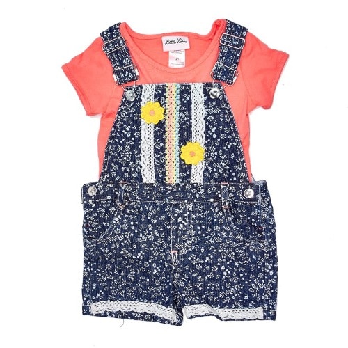 Girls Cold Shoulder Top And Floral Print Denim Jumpsuit Dungarees Set-blue And Coral - 2t