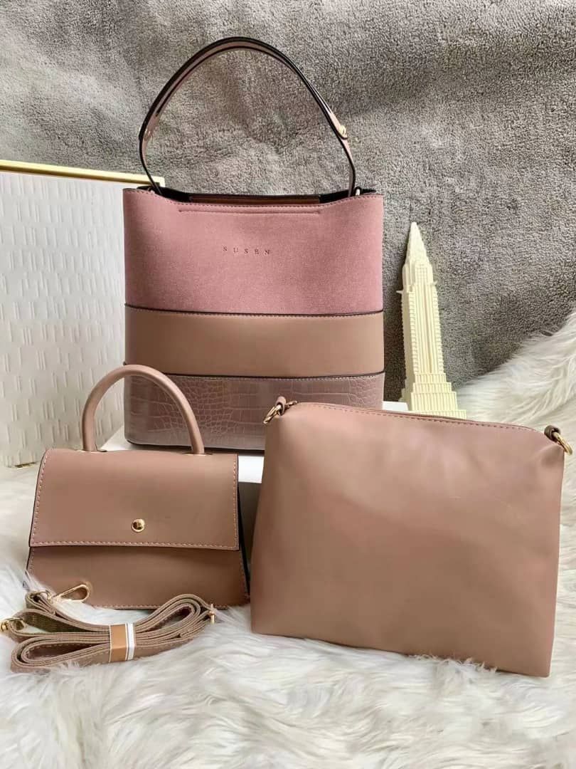 Top  Black   3 In 1 High Quality PU Shopper Handbag For Classy Ladies