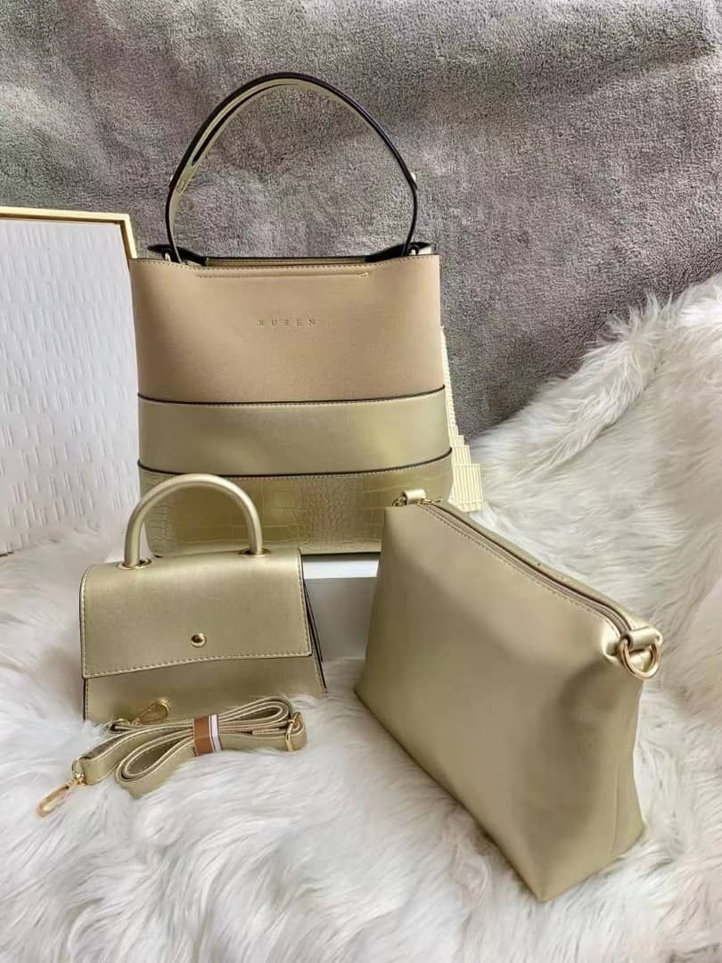 Top  Black   3 In 1 High Quality PU Shopper Handbag For Classy Ladies