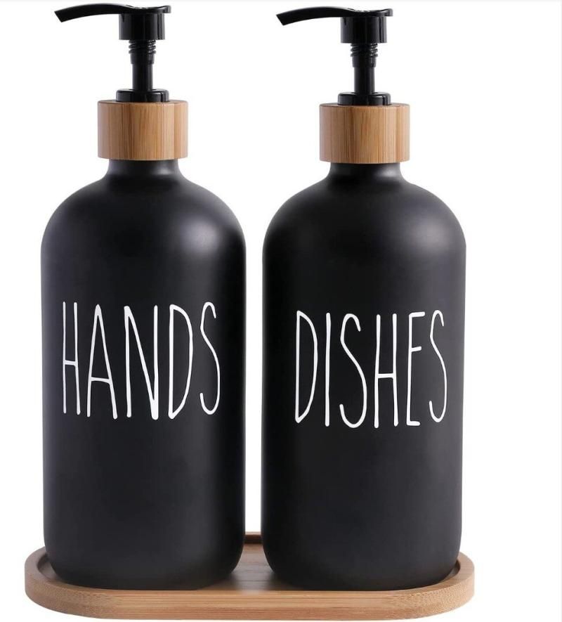 Black Glass Soap Dispenser Set: 500ml With Wood Tray For Hom