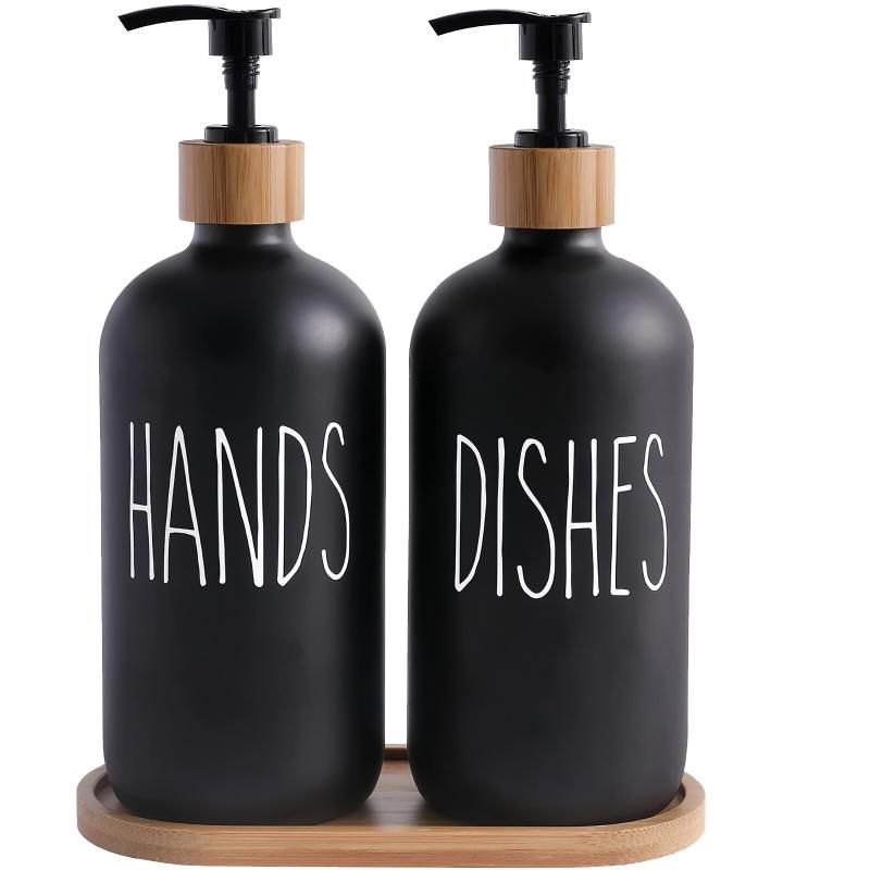 Black Glass Soap Dispenser Set: 500ml With Wood Tray For Hom
