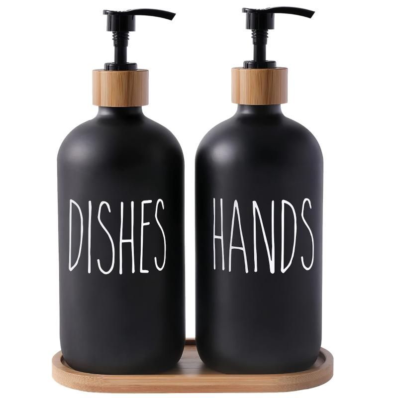 Black Glass Soap Dispenser Set: 500ml With Wood Tray For Hom