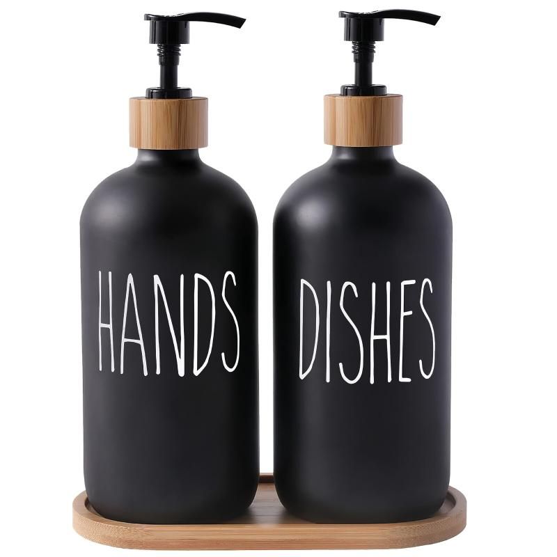 Black Glass Soap Dispenser Set: 500ml With Wood Tray For Hom