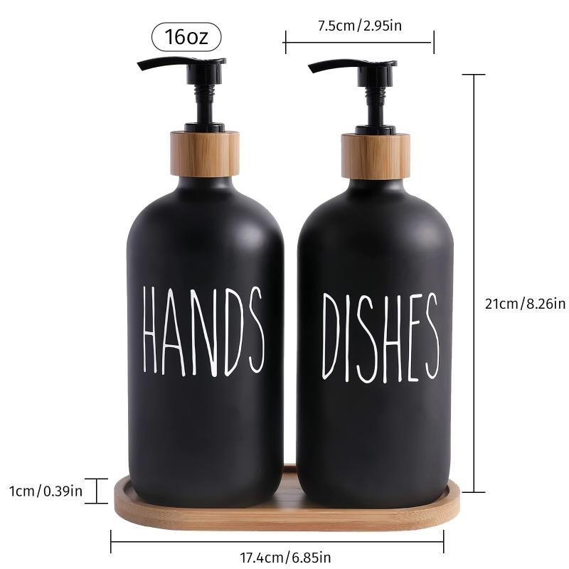 Black Glass Soap Dispenser Set: 500ml With Wood Tray For Hom