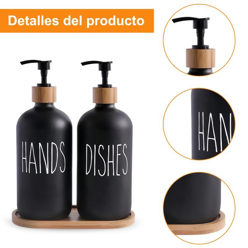 Black Glass Soap Dispenser Set: 500ml With Wood Tray For Hom