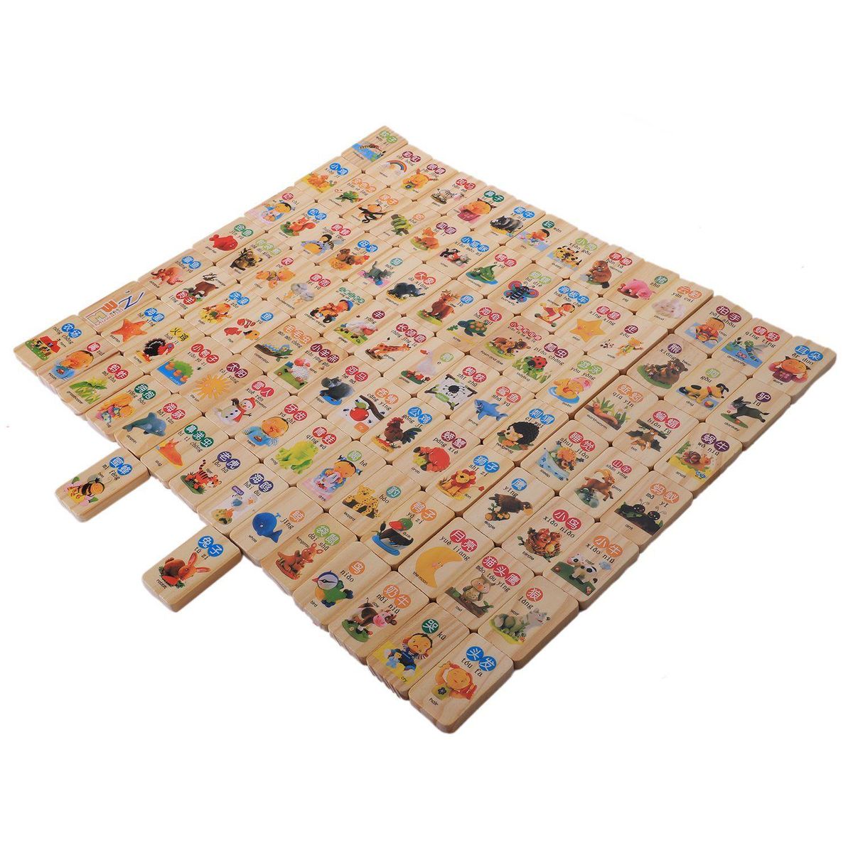 MWZ 100pcs wooden blocks domino game Chinese Characters English Letter animal number cartoon pattern learning Cognitive Toys, Cognitive donimo