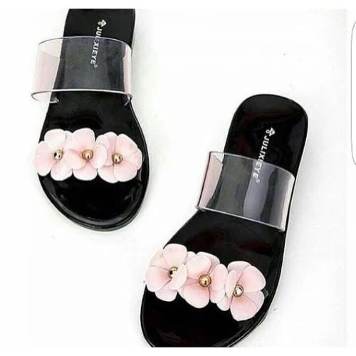 Ladies Tri-petal Rose Jelly Slippers - Black