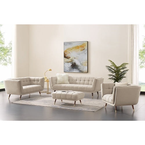 Comfy Tufted Sofa With Ottoman With Free Throw Pillows - Cream