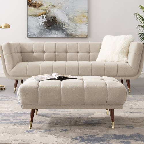Comfy Tufted Sofa With Ottoman With Free Throw Pillows - Cream