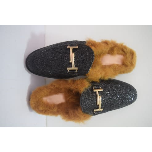Men's Velvet Shiny Half Shoe With Fluffy Floor- Brown + Black