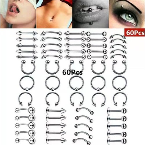 60 Pieces Body Piercing Jewelry Kit Stainless Steel