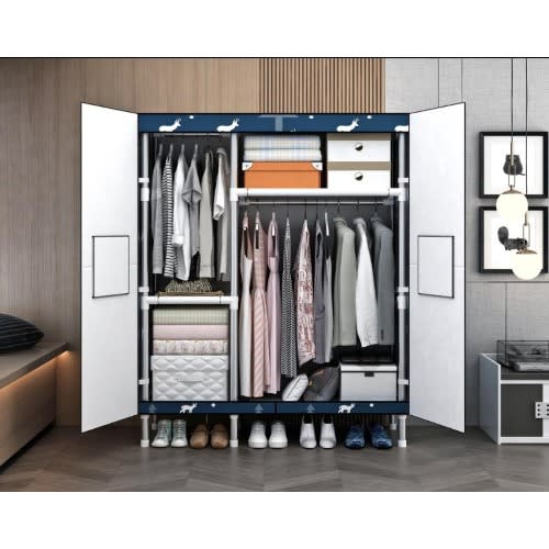 Steel Mobile Wardrobe With 3 Real Opening Doors - Blue & White