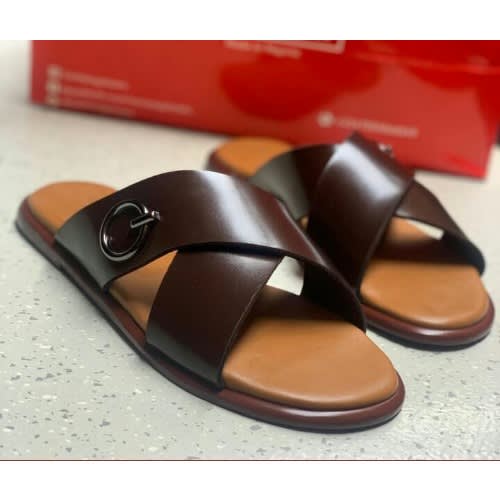 Realwon Crossed Leather Slippers - Brown