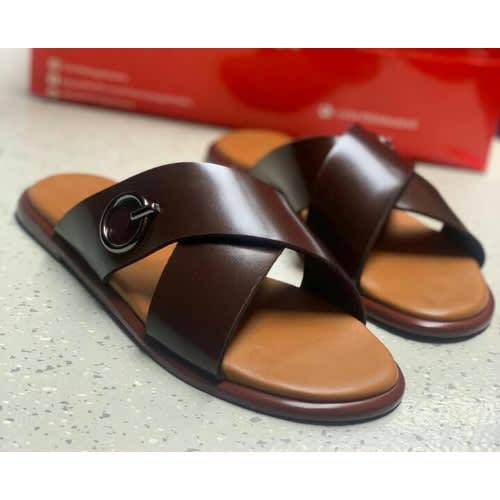 Realwon Crossed Leather Slippers - Brown