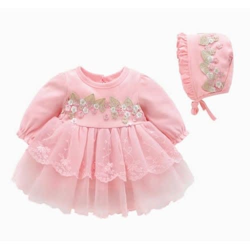 Baby Girl's Christening Gown With Cap - Pink