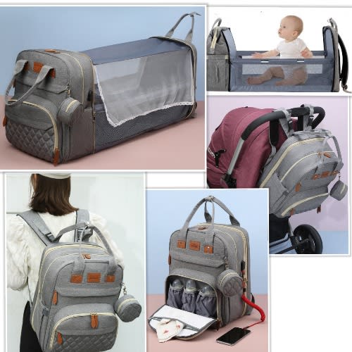 Baby Diaper Backpack With Changing Station - Multifunction - Potable - Grey