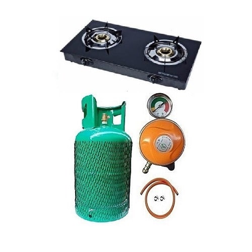 Gas Cylinder + Glass Double Burner Cooker + 3 Yards Hose +Standard Regulator & Clips. -12.5kg
