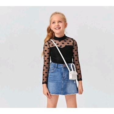 Girls Long Dot Sheer Mesh Yoke Velvet Top-size Run Slim&small (order 3 Sizes Up)