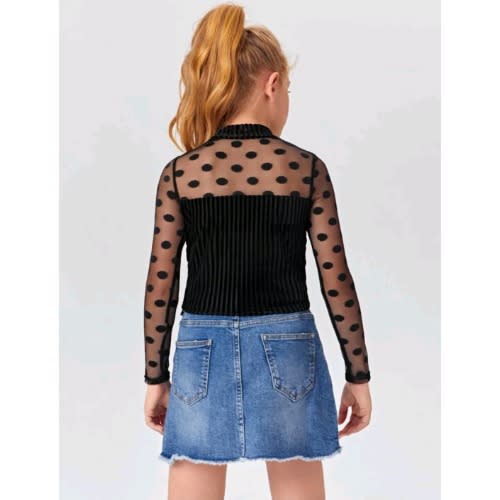 Girls Long Dot Sheer Mesh Yoke Velvet Top-size Run Slim&small (order 3 Sizes Up)