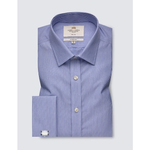 Men's Formal Blue & White Fine Stripe Slim Fit Shirt - Double Cuff - Non Iron