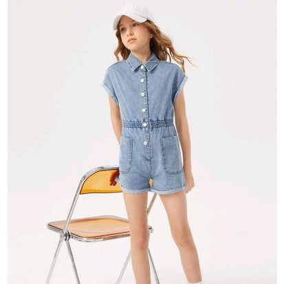 Girls Button Front Pocket Detail Denim Jumpsuit - Blue