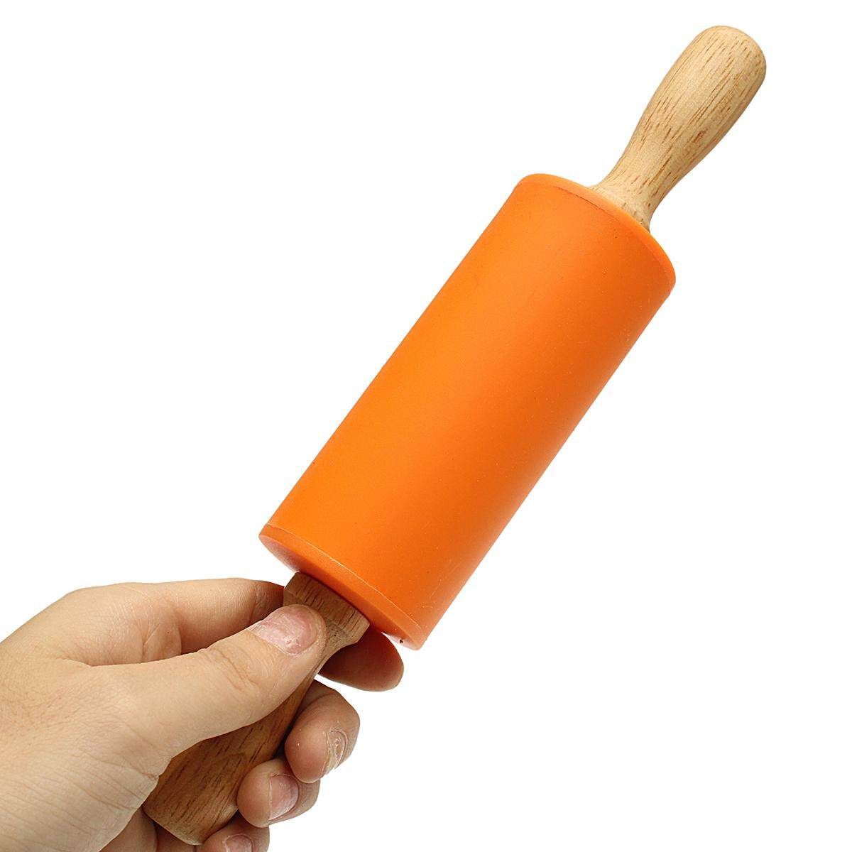 8.6Inch Non-stick Silicone Rolling Pin Pastry Dough Wooden Roller Pastry Tools Orange (Orange)