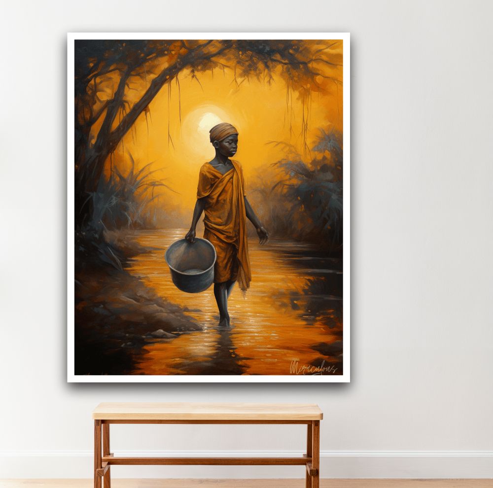 African Child At Stream Wall Art Paint Canvas
