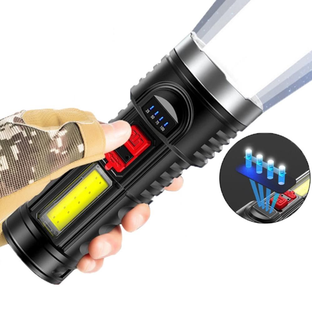 USB Charge Flashlight Portable Super Bright Outdoor LED COB High Quality Flashlight with Four Lighting Modes SOS Flash Waterproof Built-in Lithium Battery for Camping Hiking Emergency