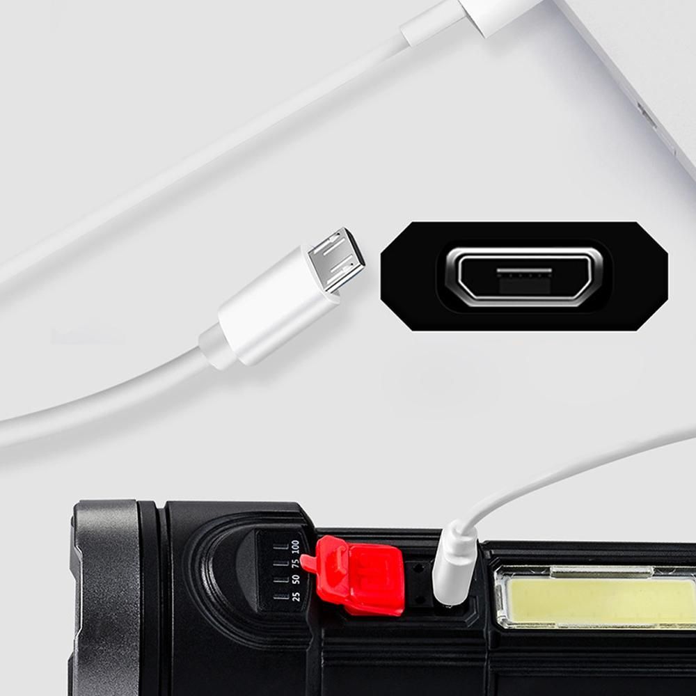 USB Charge Flashlight Portable Super Bright Outdoor LED COB High Quality Flashlight with Four Lighting Modes SOS Flash Waterproof Built-in Lithium Battery for Camping Hiking Emergency