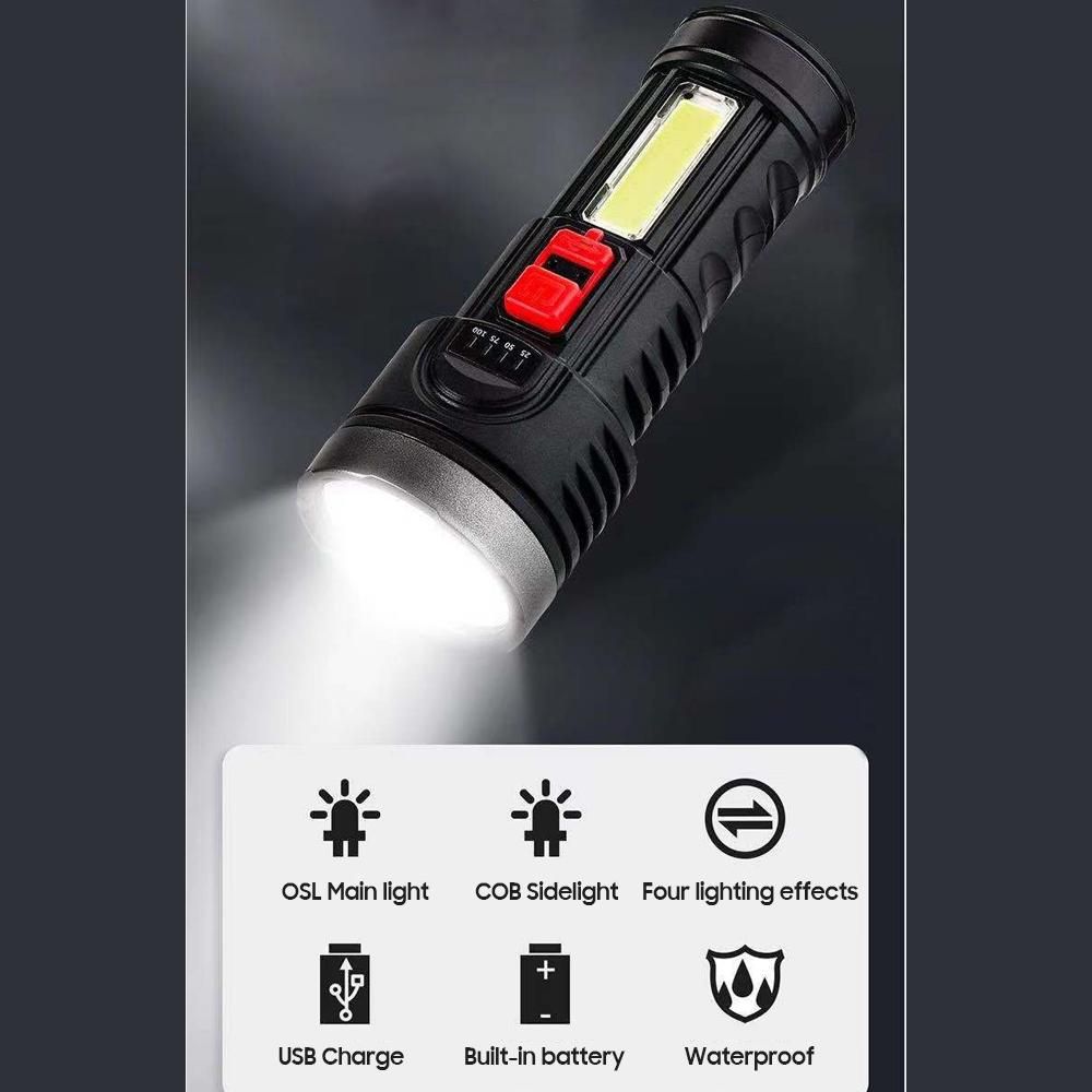 USB Charge Flashlight Portable Super Bright Outdoor LED COB High Quality Flashlight with Four Lighting Modes SOS Flash Waterproof Built-in Lithium Battery for Camping Hiking Emergency